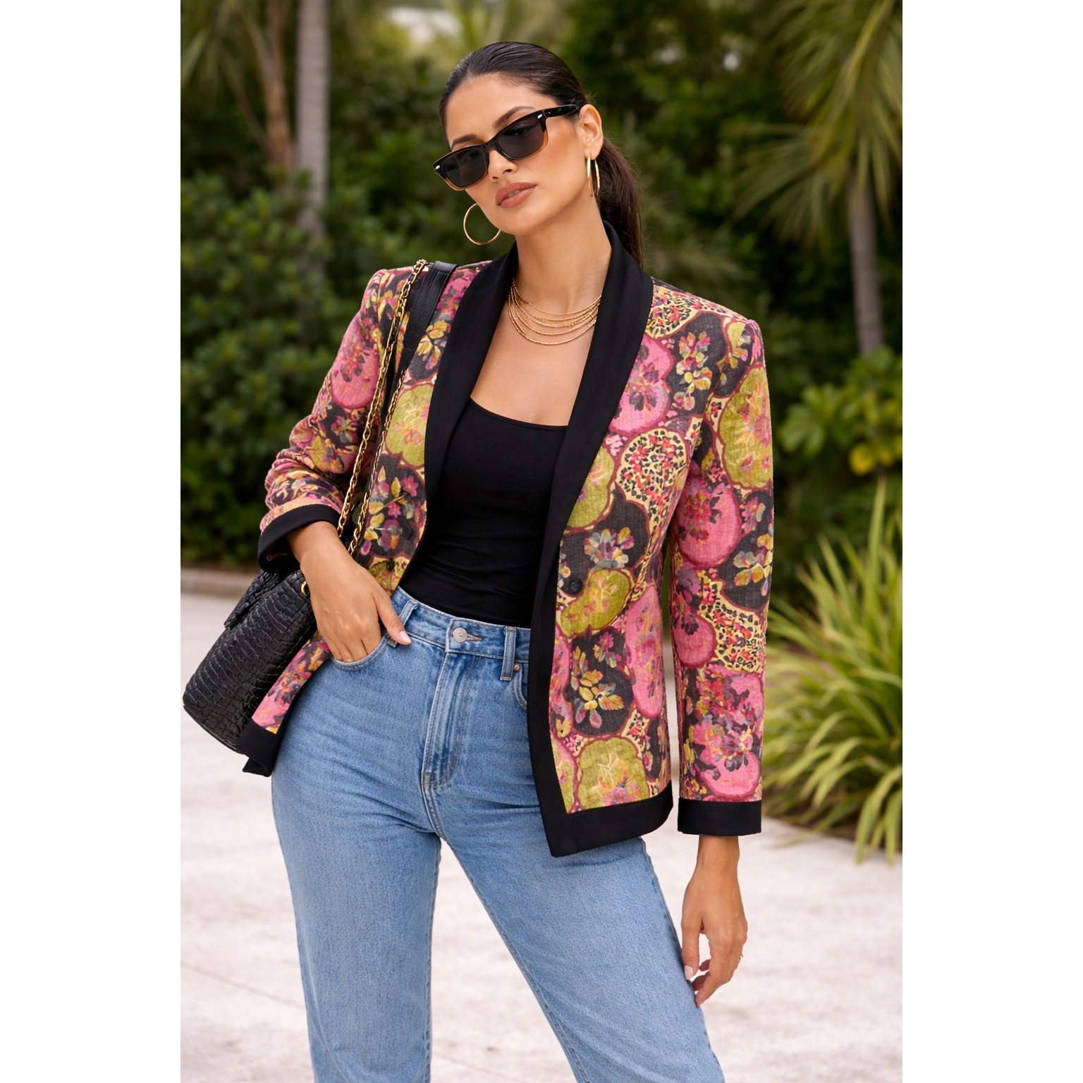 Canvasbacks Womens Floral Tapestry Blazer Pink Green Shawl Collar Jacket Small